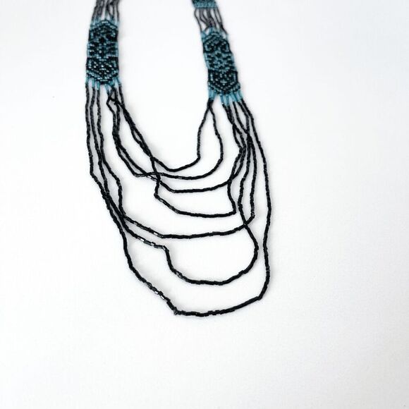 Handmade Womens Ukrainian Multi-Layered Bohemian Beaded Necklace Turquoise Black - Picture 3 of 5